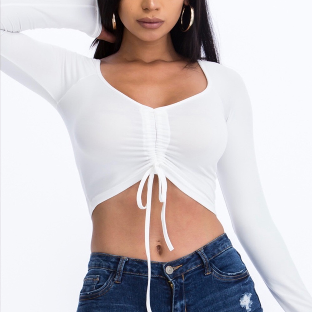Ruched strap cropped top in white
